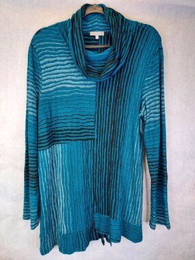 Habitat Cowl Neck Textured Tunic Top Women's M Blue Lagenlook Artsy Art-to-wear